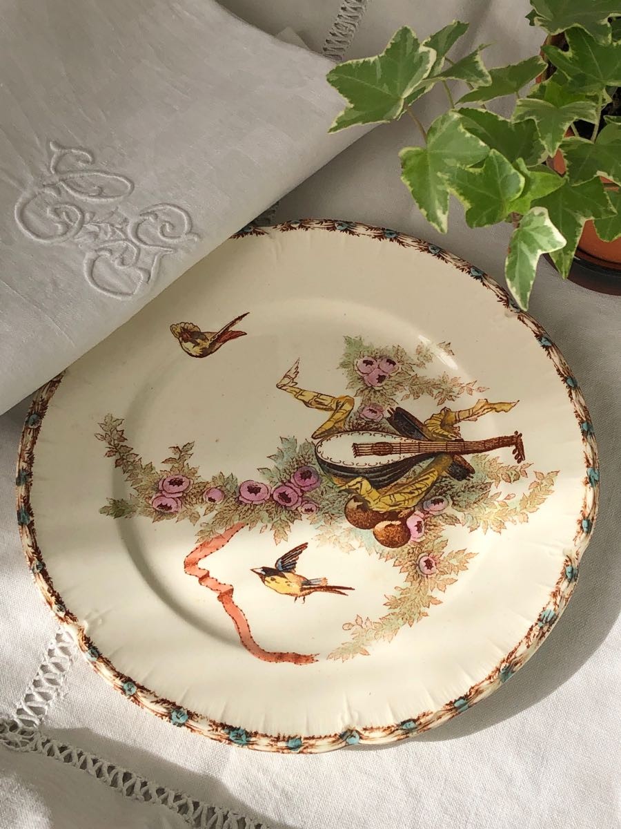 希少品　美品　エミール・ブルジョワ　オクトゴナル　小鳥と花のガーランド　深皿